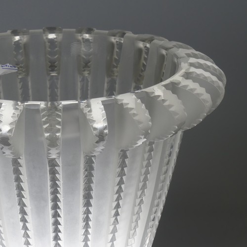 82 - A Lalique 'Royat' glass Vase, with frosted and clear glass tapering bands on the conical body, etche... 