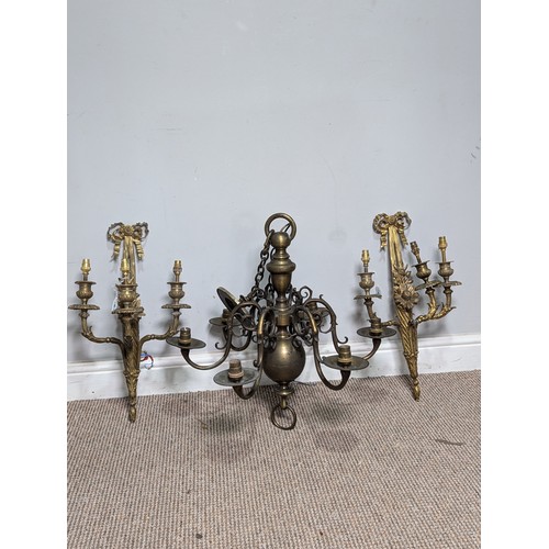 444 - A pair of antique gilt metal three-branch wall Lights / Sconces, with ribbon pediments, note one wit... 