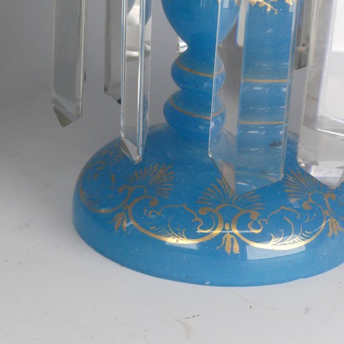 83 - A pair of Victorian opaque blue glass table Lustres, with gilt painted decorations and candlestick h... 