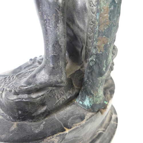 302 - An Italian spelter figural table Lamp, stamped 'Made in Italy', raised on stepped marble base, H 42 ... 