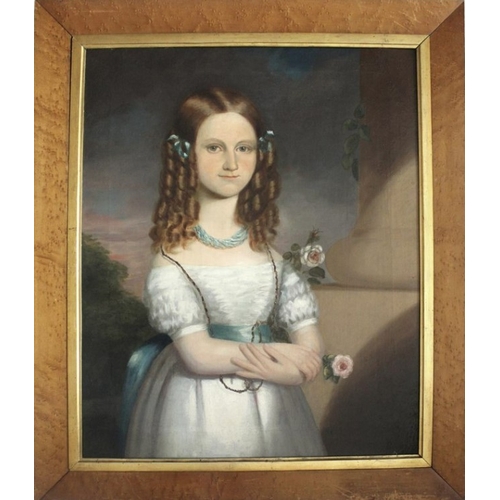 249 - 19th Century English Provincial School, portrait of a young girl, oil on canvas, within a maple fram... 