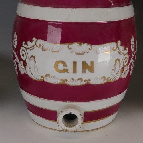 94 - An Edwardian porcelain Gin Barrel, with white and maroon banding with titular cartouche, H , togethe... 