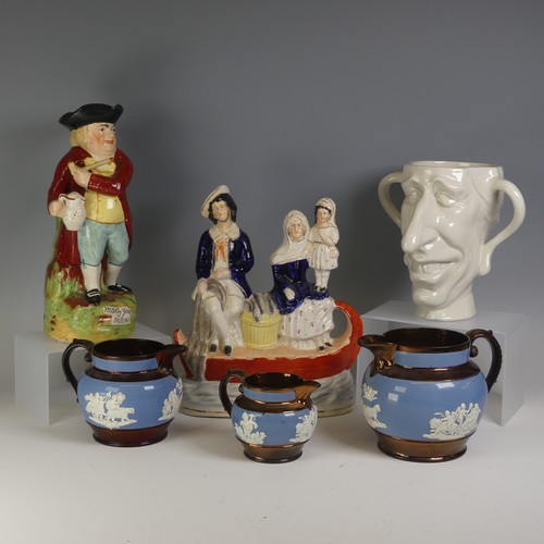 97 - A 19thC Staffordshire pottery figural Flatback, depicting a Fisherman and his family upon a Boat, ra... 