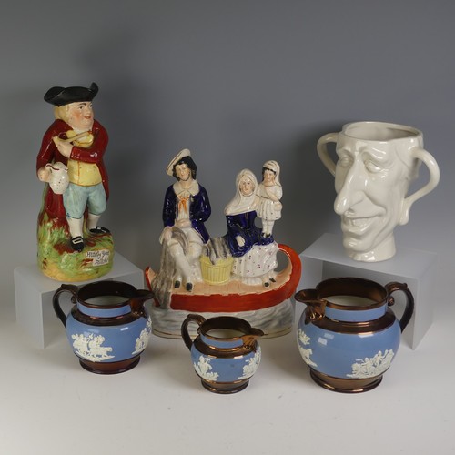 97 - A 19thC Staffordshire pottery figural Flatback, depicting a Fisherman and his family upon a Boat, ra... 