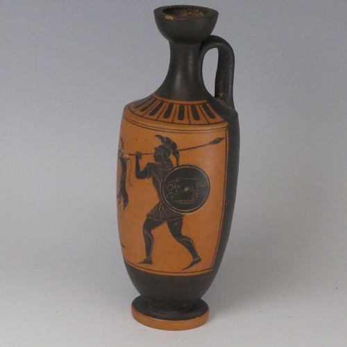 159 - An Etruscan-style terracotta black figure Lekythos, (oil ewer), decorated with fighting scene, H 20.... 