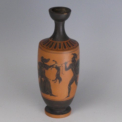 159 - An Etruscan-style terracotta black figure Lekythos, (oil ewer), decorated with fighting scene, H 20.... 