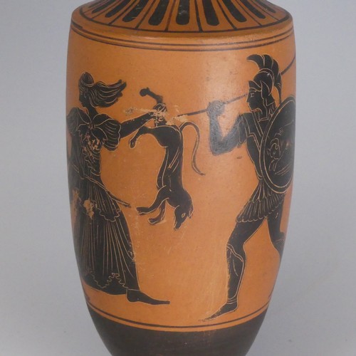 159 - An Etruscan-style terracotta black figure Lekythos, (oil ewer), decorated with fighting scene, H 20.... 