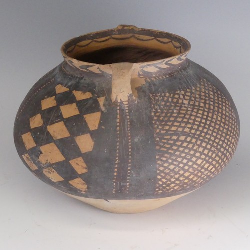 160 - A Chinese earthenware funerary Pot, possibly c. 2000 BC, the ovoid body decorated in black lattice w... 