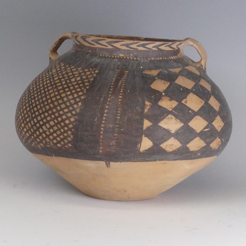 160 - A Chinese earthenware funerary Pot, possibly c. 2000 BC, the ovoid body decorated in black lattice w... 