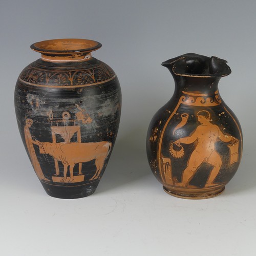 161 - An Attic style terracotta black-figural Vase, decorated with two figures with their cow, H 19cm, chi... 