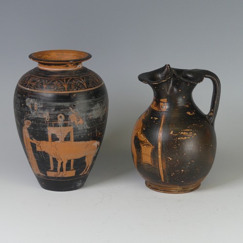 161 - An Attic style terracotta black-figural Vase, decorated with two figures with their cow, H 19cm, chi... 