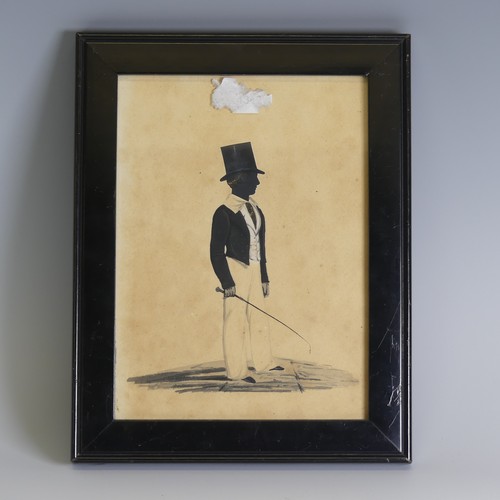 251 - An early Victorian portrait silhouette of a racehorse Trainer, wearing a top-hat and holding a ridin... 