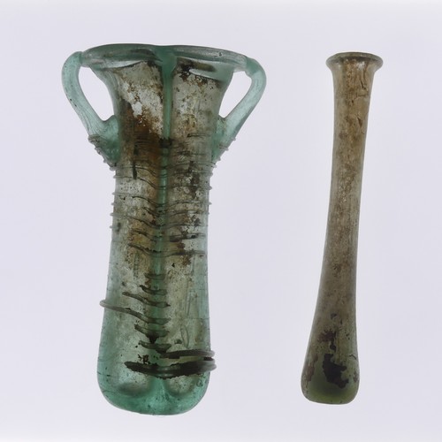 163 - A Roman pale green glass double Unguentarium, circa 3rd - 4th century AD with two conjoined tubular ... 