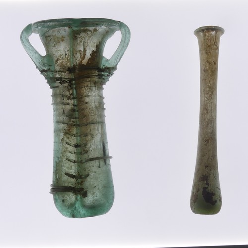 163 - A Roman pale green glass double Unguentarium, circa 3rd - 4th century AD with two conjoined tubular ... 