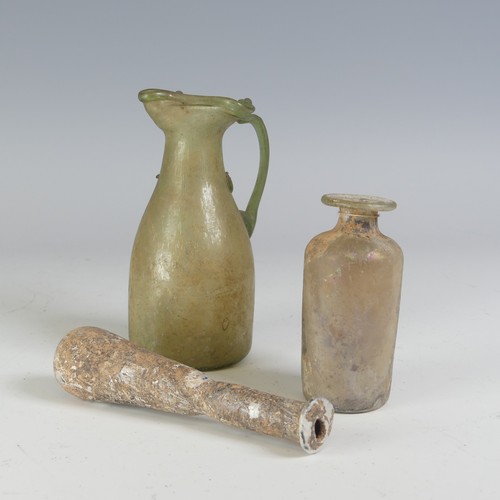 164 - A Roman pale glass Oil Ewer, with waisted body and flared trefoil rim, handle and glass trail, H 12.... 