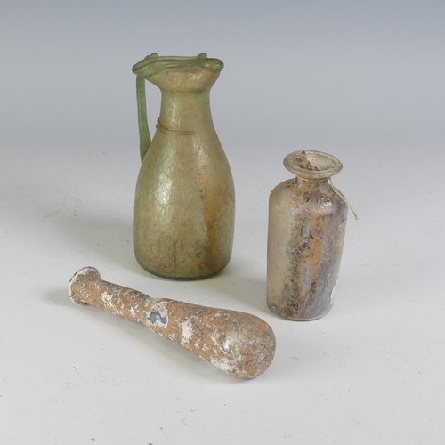 164 - A Roman pale glass Oil Ewer, with waisted body and flared trefoil rim, handle and glass trail, H 12.... 