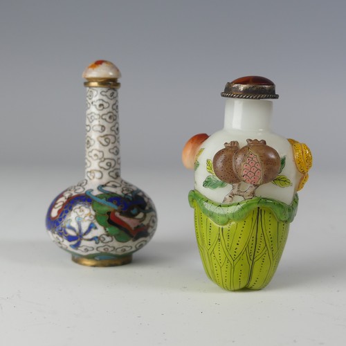 147 - A Chinese cloisonné Snuff Bottle, with bulbous base and slim tapering neck, depicting dragon chasing... 