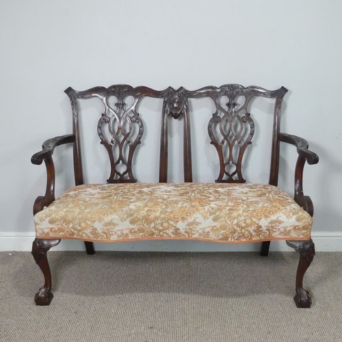 456 - An antique Chippendale style mahogany two chair-back Settee, carved and pierced backrests flanked by... 