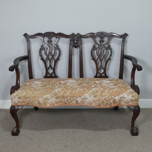 456 - An antique Chippendale style mahogany two chair-back Settee, carved and pierced backrests flanked by... 