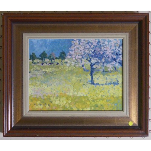 256 - Gordon Cox (British, Contemporary), Apple Blossom, oil on board, signed and dated '89, 19.5cm x 24.2... 