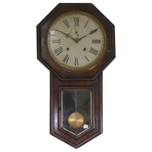 314 - A Victorian octagonal drop dial wall Clock, white painted dial with Roman numerals and seconds, W 43... 