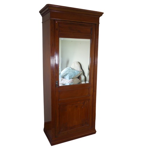 476 - A Victorian mahogany sentry box single Wardrobe, moulded cornice over bevelled glass mirror, above p... 