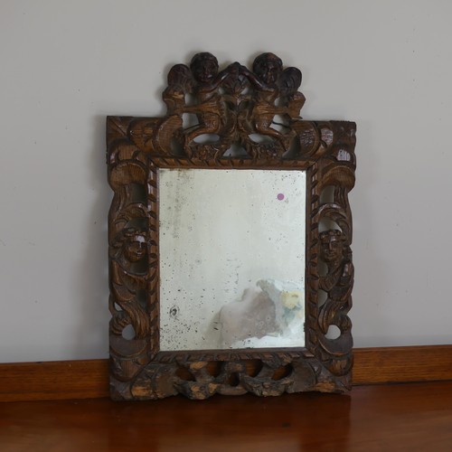 489 - An antique carved oak wall Mirror, W 37 cm x H 51 cm, together with a long mahogany wall Mirror, W 3... 