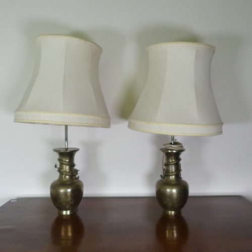 491 - A pair of Chinese style brass table Lamps, decorated with scrolling serpents, H 65 cm.... 