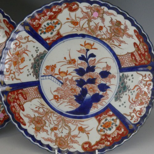 151 - A pair of early 20thC Japanese porcelain Imari Chargers, decorated in typical style with alternating... 