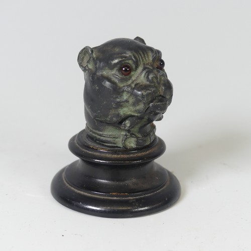 496 - A Victorian Novelty patinated metal Thimble Case, in the form of an English Bulldog, with glass eyes... 