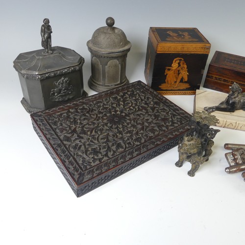 497 - An antique straw-work and inlaid Tea Caddy, depicting figures, W 11.5 cm x H 12.5 cm x D 10 cm, toge... 