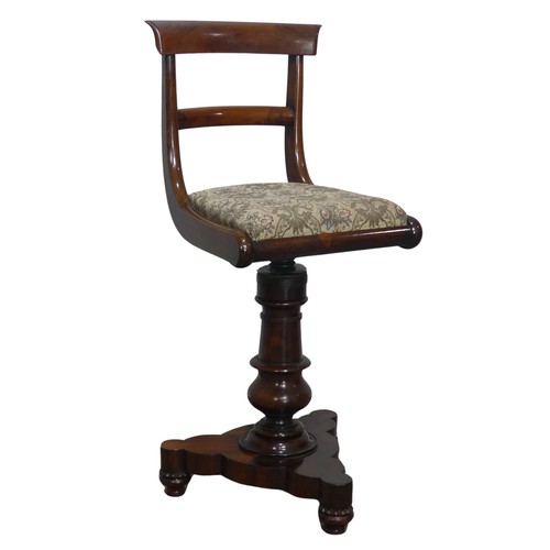 500 - An early Victorian rosewood piano / harpists Chair, raised on turned column and tripod base, W 38 cm... 