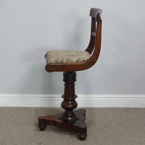 500 - An early Victorian rosewood piano / harpists Chair, raised on turned column and tripod base, W 38 cm... 