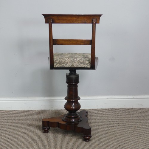 500 - An early Victorian rosewood piano / harpists Chair, raised on turned column and tripod base, W 38 cm... 