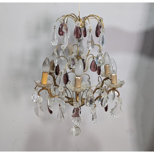 505 - An antique gilt metal six branch lustre Chandelier, with clear and ruby cut glass drops, H 58 cm.... 