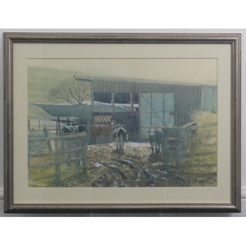 261 - Colin Allbrook (b.1954), Cattle in barn, and Cattle in farmyard, watercolour, a pair, signed lower r... 