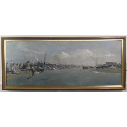 262 - Anthony R. Cooke (1933-2006), Industrial River landscape with docks, possibly the Thames, oil on boa... 