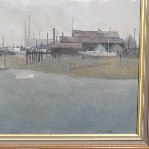 262 - Anthony R. Cooke (1933-2006), Industrial River landscape with docks, possibly the Thames, oil on boa... 