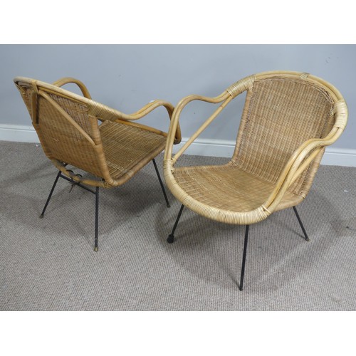 507 - A pair of mid-20th century bentwood and cane Armchairs, raised on metal bases, W 62 cm x H 76 cm x D... 