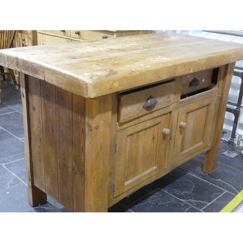 510 - An early 20th century Butchers Block on earlier pine Cabinet, large rectangular top over double side... 