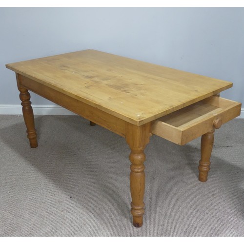 512 - An early 20th century oak kitchen Table, with drawers to either ends, raised on turned legs, W 153 c... 