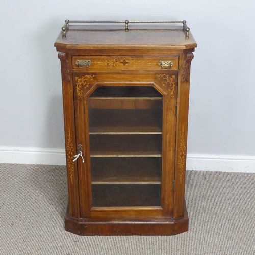 514 - A Victorian walnut inlaid music / display Cabinet, three quarter gallery over glazed door, raised on... 