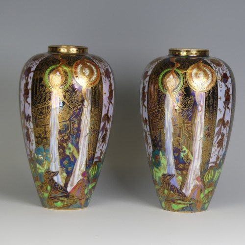 106 - Daisy Makeig-Jones for Wedgwood; a pair of 'Candlemas' Fairyland Lustre Vases, c. 1920, of ovoid bal... 