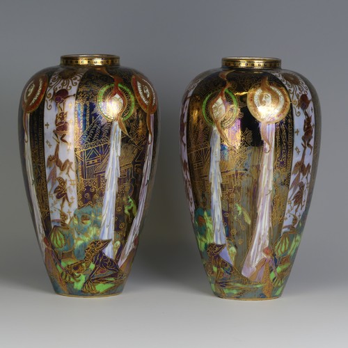 106 - Daisy Makeig-Jones for Wedgwood; a pair of 'Candlemas' Fairyland Lustre Vases, c. 1920, of ovoid bal... 