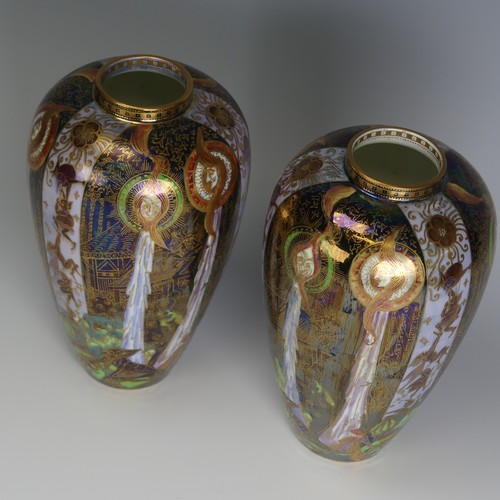 106 - Daisy Makeig-Jones for Wedgwood; a pair of 'Candlemas' Fairyland Lustre Vases, c. 1920, of ovoid bal... 