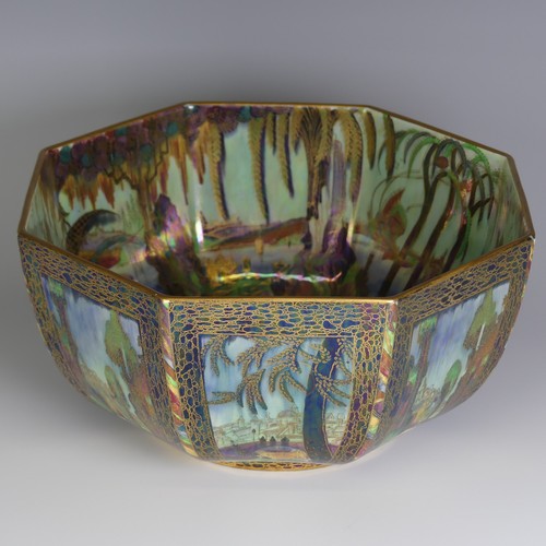 107 - Daisy Makeig-Jones for Wedgwood; a Fairyland Lustre 'Woodland Elves VII' octagonal Bowl, the exterio... 