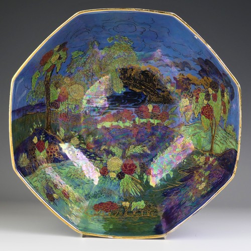 112 - An unusual Wilton Ware octagonal Lustre Bowl, decorated in the style of Fairyland Lustre, factory ma... 