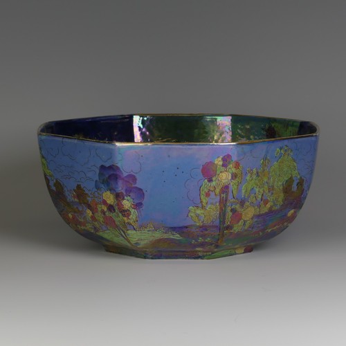 112 - An unusual Wilton Ware octagonal Lustre Bowl, decorated in the style of Fairyland Lustre, factory ma... 