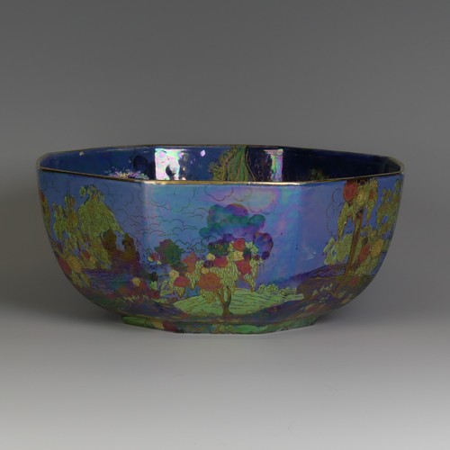 112 - An unusual Wilton Ware octagonal Lustre Bowl, decorated in the style of Fairyland Lustre, factory ma... 