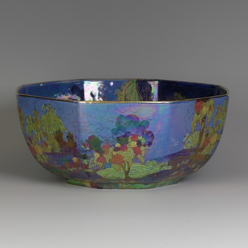 112 - An unusual Wilton Ware octagonal Lustre Bowl, decorated in the style of Fairyland Lustre, factory ma... 